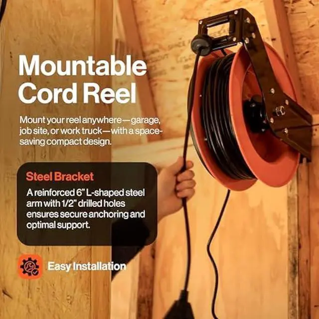 Alt view image 5 of 5 - SuperHandy Extension Cord Reel Retractable 12AWG x 80' Foot 3C SJTOW Cable Triple Tap Connector Power Rating 125 Volt AC 15 Amp 1875 Watt Industrial Steel Single Arm