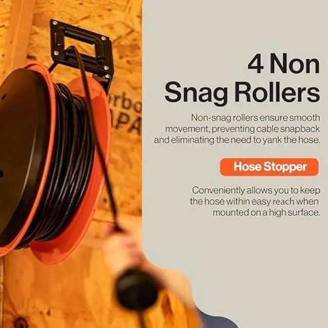 Alt view image 4 of 5 - SuperHandy Extension Cord Reel Retractable 12AWG x 80' Foot 3C SJTOW Cable Triple Tap Connector Power Rating 125 Volt AC 15 Amp 1875 Watt Industrial Steel Single Arm