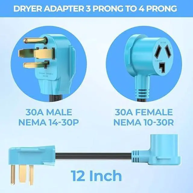 Alt view image 2 of 6 - CircleCord Dryer Adapter Cord 3 Prong to 4 Prong Blue, 3P Older Dryer to 4P Newer House, Dryer Convert Cord NEMA 14-30P Plug to NEMA10-30R Receptacle, 30A 220V 10 AWG STW, ETL Listed