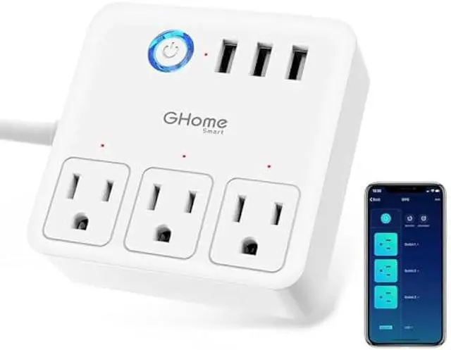 Main image of GHome Smart Power Strip with 3 USB Ports & 3 Smart Outlets Plugs That Work with Alexa & Google Home, WiFi Surge Protector, Flat Plug for Home Office Travel, 10A, White