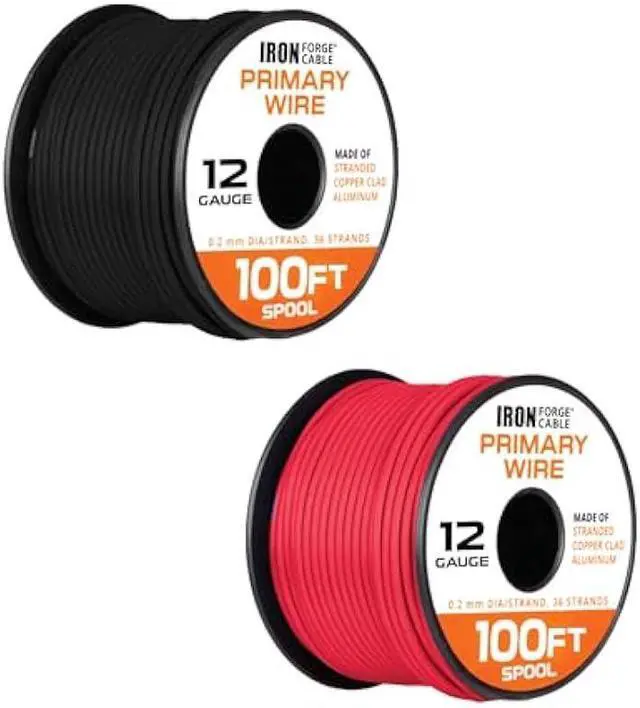 Main image of Iron Forge Cable 12 Gauge Automotive Wire Assortment - 2 Roll Red & Black Pack - 100 Ft of Copper Clad Aluminum Primary Wire per Roll - for Home or Automotive