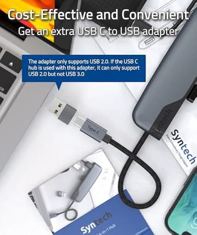 Alt view image 3 of 5 - Syntech USB C to USB Hub 4 Ports, Syntech Type C to USB 3.0 Hub with a USB C to USB Adapter (USB 2.0), Thunderbolt 3 to USB Hub, Compatible with iOS/Android