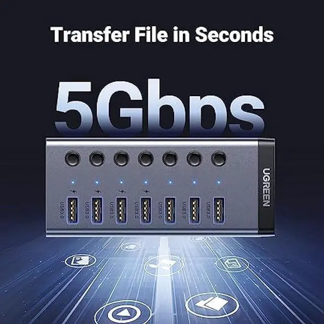 Alt view image 3 of 5 - UGREEN Powered USB 3.0 Hub, 7-Port USB Adapter with 4 Smart Charging Ports, USB Splitter with Individual Led On/Off Switches and Power Adapter, USB Ports Extender for Laptop PC