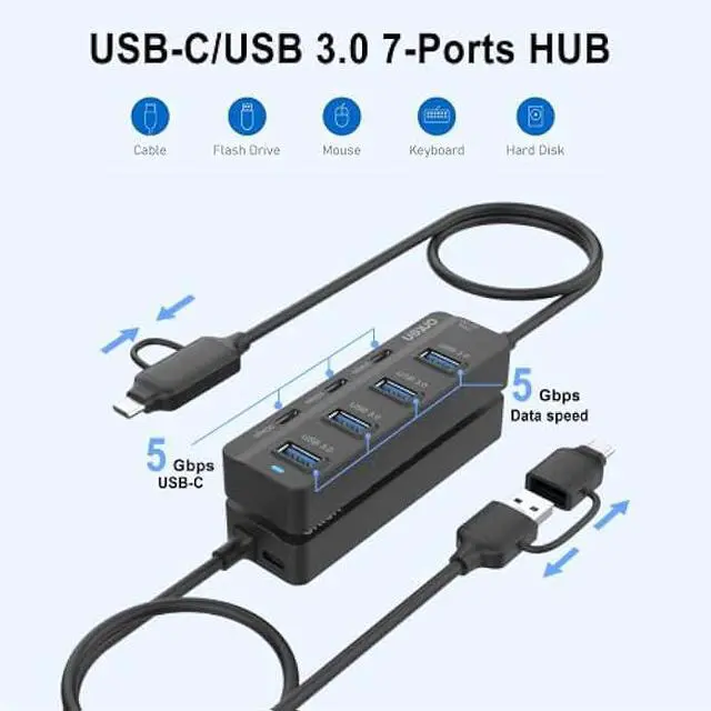 Alt view image 5 of 5 - Onten USB C Hub,7 Ports USB3.0 to USB-C HUB with a USB C to USB 3.0 Adapter. 3.2ft Cable 4*USB3.0 Ports,3*USB C Ports forThunderbolt 3/4 MacBook Surface Pro and More USB/USB C Devices