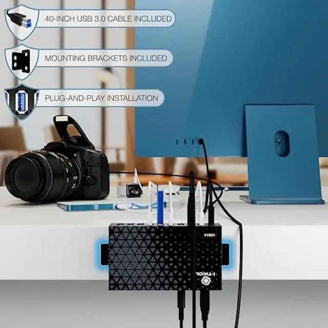 Alt view image 4 of 6 - 10 Ports USB Hub 3.0 Powered Aluminium - USB Hub Charger - Multiple Port - USB Splitter Hub with Power Adapter 12V/5A/60W - for Laptop, PC,Flash Drives, HDD,Hard Drive,Mouse,XPS,Xbox,Keyboard