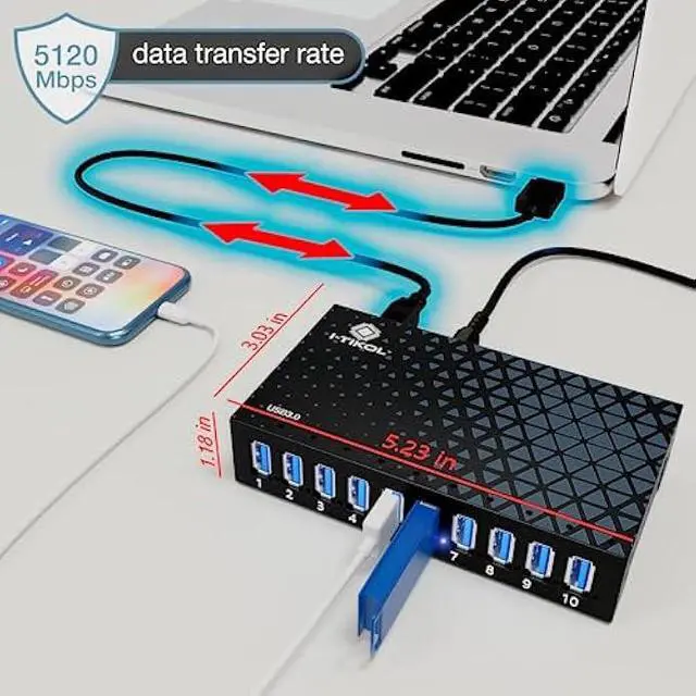 Alt view image 3 of 6 - 10 Ports USB Hub 3.0 Powered Aluminium - USB Hub Charger - Multiple Port - USB Splitter Hub with Power Adapter 12V/5A/60W - for Laptop, PC,Flash Drives, HDD,Hard Drive,Mouse,XPS,Xbox,Keyboard