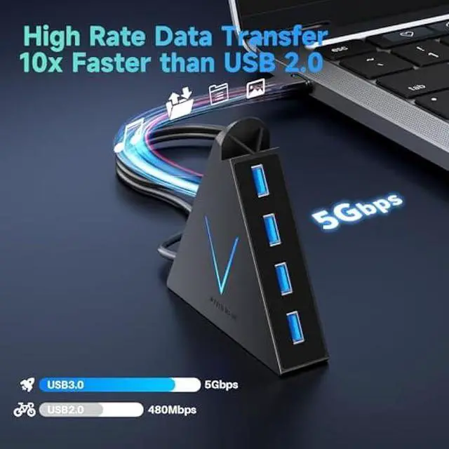 Alt view image 2 of 5 - 4-Port USB 3.0 Hub, FlyingVHUB USB Hub Tower with 2 ft Extended Cable,USB Splitter for Laptop,PC,PS4,PS5,Xbox,Mouse,Keyboard, Flash Drive, U-Disk (Black)