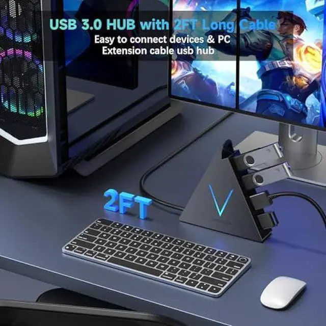 Alt view image 5 of 5 - 4-Port USB 3.0 Hub, FlyingVHUB USB Hub Tower with 2 ft Extended Cable,USB Splitter for Laptop,PC,PS4,PS5,Xbox,Mouse,Keyboard, Flash Drive, U-Disk (Black)