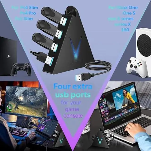 Alt view image 3 of 5 - 4-Port USB 3.0 Hub, FlyingVHUB USB Hub Tower with 2 ft Extended Cable,USB Splitter for Laptop,PC,PS4,PS5,Xbox,Mouse,Keyboard, Flash Drive, U-Disk (Black)