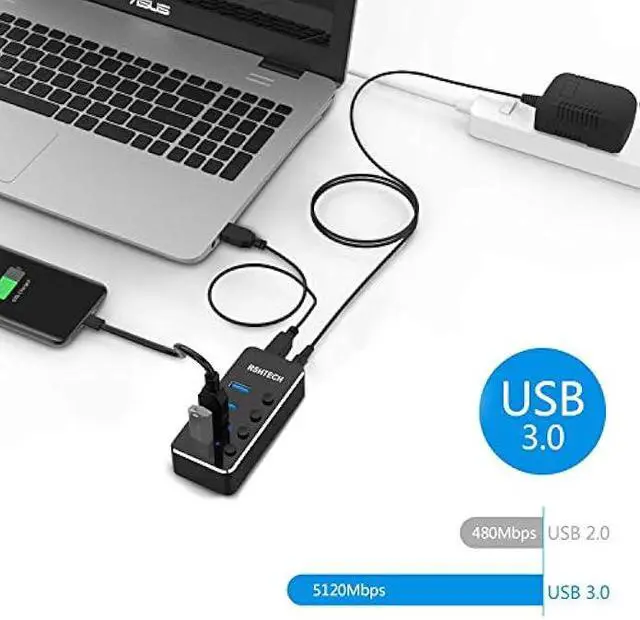 Alt view image 2 of 5 - Powered USB Hub, RSHTECH 4 Port USB 3.0 Hub Splitter Portable Aluminum USB Data Hub Expander with Individual On/Off Switch and Universal 5V AC Adapter, 3.3ft USB 3.0 Cable (RSH-516)