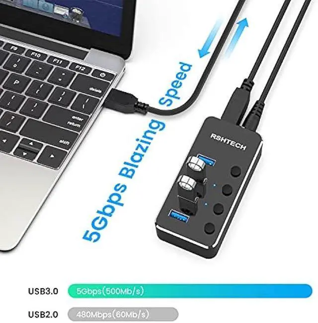 Alt view image 5 of 5 - Powered USB Hub, RSHTECH 4 Port USB 3.0 Hub Splitter Portable Aluminum USB Data Hub Expander with Individual On/Off Switch and Universal 5V AC Adapter, 3.3ft USB 3.0 Cable (RSH-516)