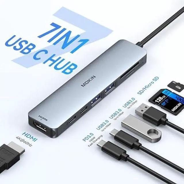 Alt view image 2 of 5 - USB C Hub HDMI Adapter for MacBook Pro/Air, MOKiN 7 in 1 USB C Dongle with HDMI, SD/TF Card Reader, USB C Data Port,100W PD, and 2 USB 3.0 Compatible for MacBook Pro/Air, Dell XPS, Lenovo Thinkpad.