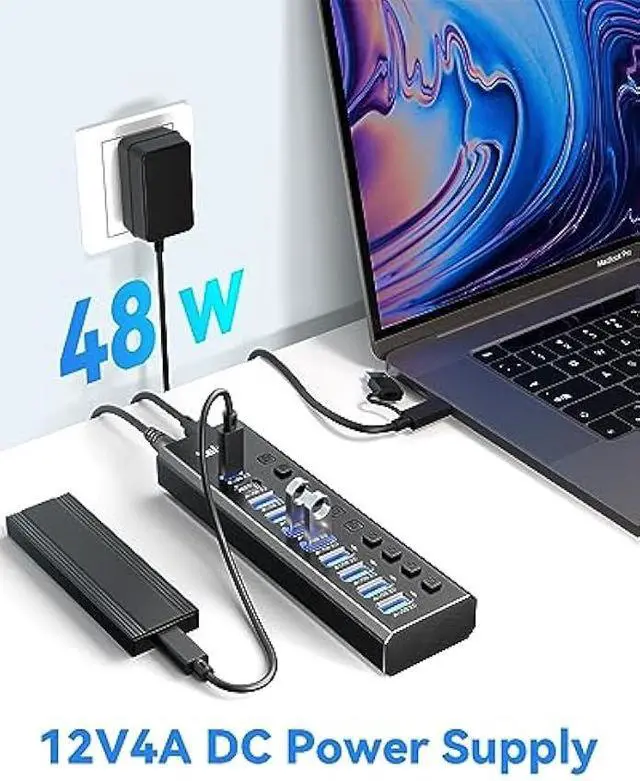 Alt view image 4 of 5 - Powered USB Hub 3.2, LEINSIS 10-Port USB 3.2/USB C Hub (10Gbps USB-A 3.2 +2 USB-C 3.2 +7 USB 3.0 Ports) with Individual On/Off Switches and 12V Power Adapter, Aluminum USB Hub Powered for Laptop PC