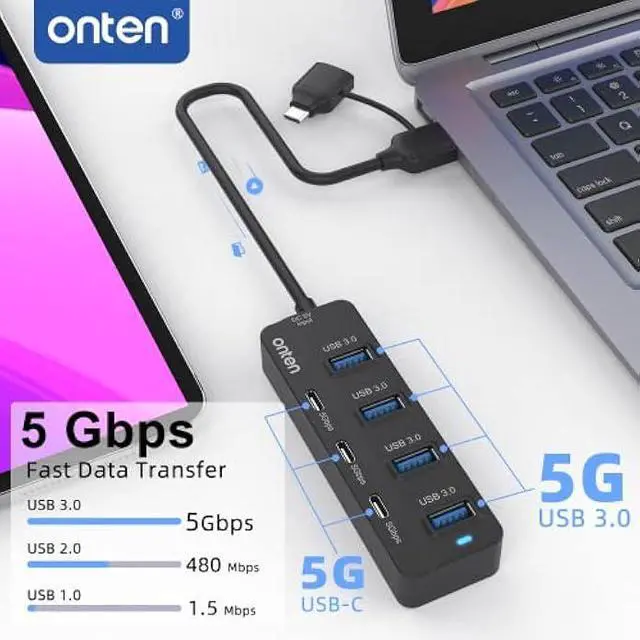 Alt view image 2 of 5 - Onten USB C Hub,7 Ports USB3.0 to USB-C HUB with a USB C to USB 3.0 Adapter. 3.2ft Cable 4*USB3.0 Ports,3*USB C Ports forThunderbolt 3/4 MacBook Surface Pro and More USB/USB C Devices