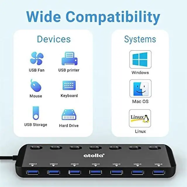 Alt view image 3 of 5 - atolla 7-Port USB 3.0 Hub Splitter, USB Extender Ultra Slim Data USB Hub with Individual Power Switch and LEDs