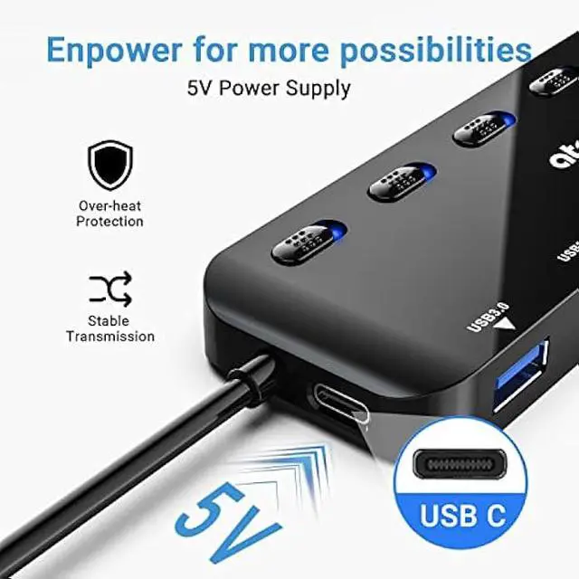 Alt view image 4 of 5 - atolla 7-Port USB 3.0 Hub Splitter, USB Extender Ultra Slim Data USB Hub with Individual Power Switch and LEDs