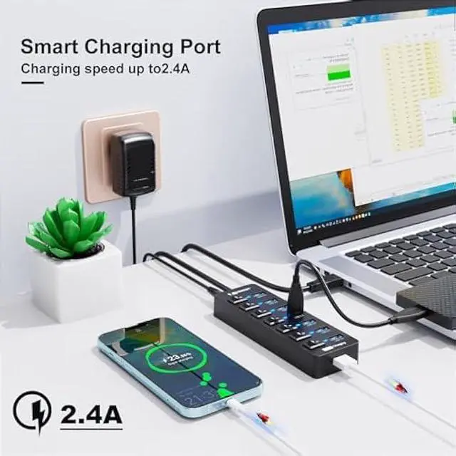 Alt view image 3 of 5 - Powered USB Hub 3.0,VEMONT 7 Ports Multi USB hubs and 1 USB Smart Charging Port with 5V/3A Power Supply,USB Extension Splitter with Individual On/Off Switches and 4ft/1.2m Long Cable for PC/Laptop