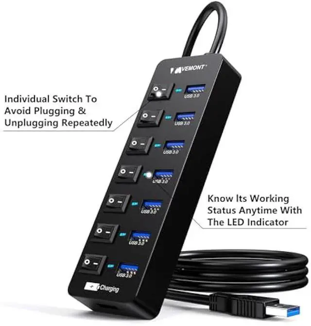 Alt view image 4 of 5 - Powered USB Hub 3.0,VEMONT 7 Ports Multi USB hubs and 1 USB Smart Charging Port with 5V/3A Power Supply,USB Extension Splitter with Individual On/Off Switches and 4ft/1.2m Long Cable for PC/Laptop