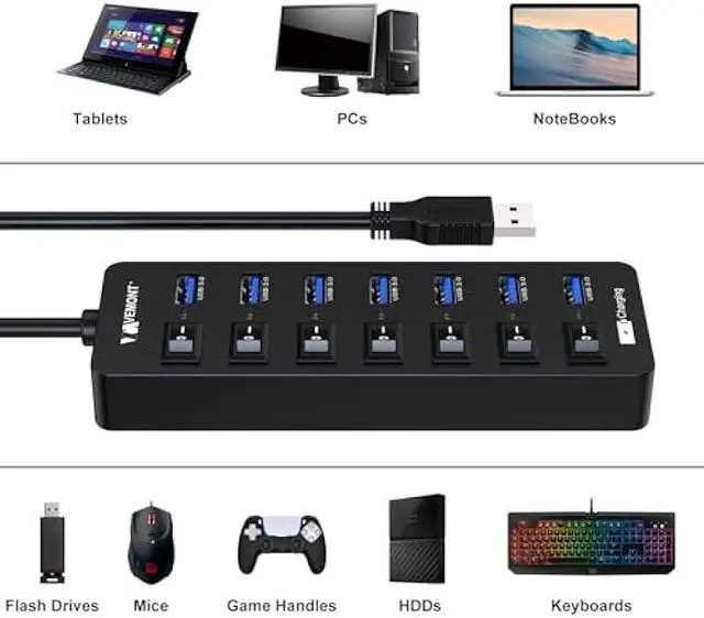 Alt view image 5 of 5 - Powered USB Hub 3.0,VEMONT 7 Ports Multi USB hubs and 1 USB Smart Charging Port with 5V/3A Power Supply,USB Extension Splitter with Individual On/Off Switches and 4ft/1.2m Long Cable for PC/Laptop