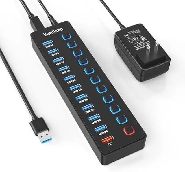 Main image of Powered USB Hub, 11-Port USB 3.0 Hub Splitter - 10 USB 3.0 Data Transfer Ports + 1 Smart Charging Port, USB Hub 3.0 Powered with Individual LED On/Off Switches and 5V/4A Power Adapter