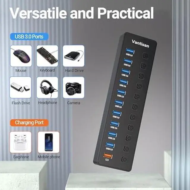 Alt view image 4 of 5 - Powered USB Hub, 11-Port USB 3.0 Hub Splitter - 10 USB 3.0 Data Transfer Ports + 1 Smart Charging Port, USB Hub 3.0 Powered with Individual LED On/Off Switches and 5V/4A Power Adapter