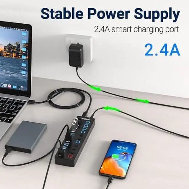 Alt view image 5 of 5 - Powered USB Hub, 11-Port USB 3.0 Hub Splitter - 10 USB 3.0 Data Transfer Ports + 1 Smart Charging Port, USB Hub 3.0 Powered with Individual LED On/Off Switches and 5V/4A Power Adapter