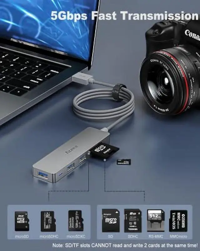 Alt view image 5 of 5 - Aceele 5Gbps USB 3.0 Hub, 6 in 1 Ultra Slim Data USB Hub with 4ft Extended Long Cable, USB Multiport Hub with Micro USB Powered Port, SD/TF Card Slot Port, Compatible for PC, Laptop, MacBook