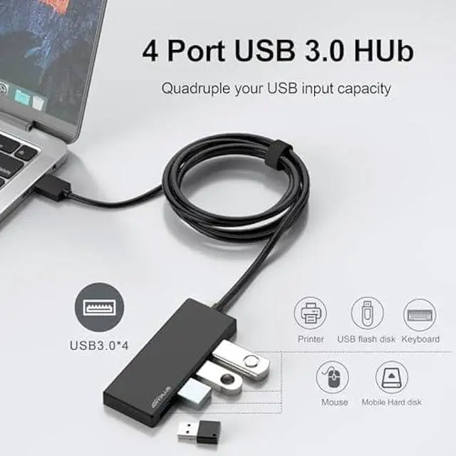 Alt view image 2 of 5 - USB Hub, Multiport USB Splitter Adapter, 2 ft Long Cable USB 3.0 Hub, USB Extender for Laptop, PC, iMac, Surface Pro, MacBook, Mac Pro, Flash Drive, XPS, Mouse, HDD