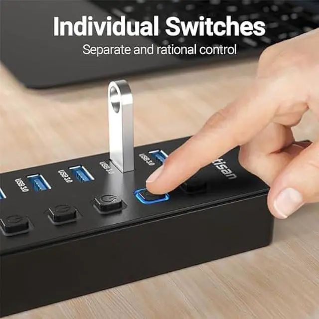 Alt view image 3 of 5 - Powered USB Hub, 11-Port USB 3.0 Hub Splitter - 10 USB 3.0 Data Transfer Ports + 1 Smart Charging Port, USB Hub 3.0 Powered with Individual LED On/Off Switches and 5V/4A Power Adapter