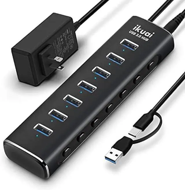 Main image of Powered USB 3.0 /USB C Hub, ikuai Aluminium 7-Port USB Hub Splitter with AC Adapter LED Individual On/Off Switches and 3.3ft Extended Long Cable for Laptop, Mac, PC, Flash Drive, Mobile HDD