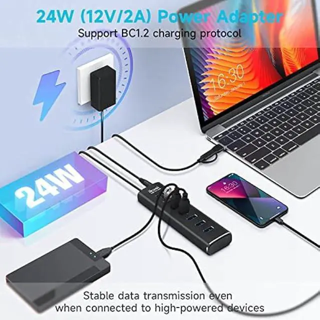 Alt view image 2 of 5 - Powered USB 3.0 /USB C Hub, ikuai Aluminium 7-Port USB Hub Splitter with AC Adapter LED Individual On/Off Switches and 3.3ft Extended Long Cable for Laptop, Mac, PC, Flash Drive, Mobile HDD