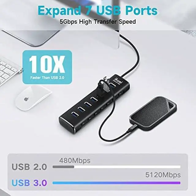 Alt view image 4 of 5 - Powered USB 3.0 /USB C Hub, ikuai Aluminium 7-Port USB Hub Splitter with AC Adapter LED Individual On/Off Switches and 3.3ft Extended Long Cable for Laptop, Mac, PC, Flash Drive, Mobile HDD