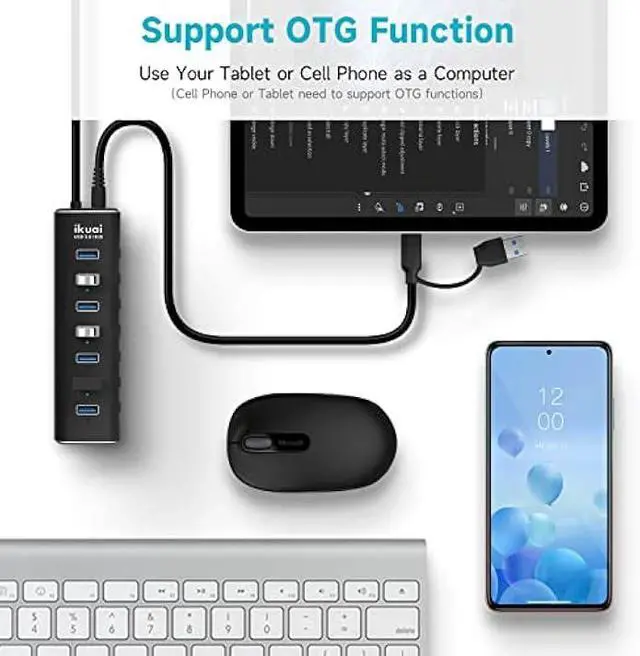 Alt view image 5 of 5 - Powered USB 3.0 /USB C Hub, ikuai Aluminium 7-Port USB Hub Splitter with AC Adapter LED Individual On/Off Switches and 3.3ft Extended Long Cable for Laptop, Mac, PC, Flash Drive, Mobile HDD