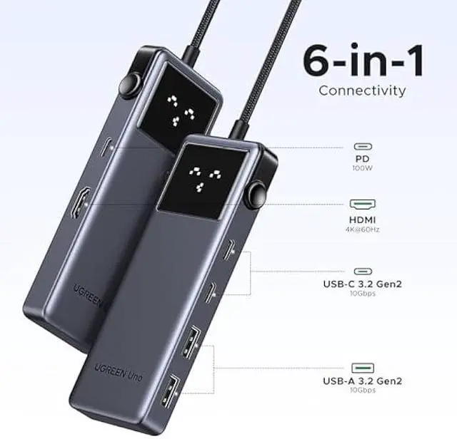 Alt view image 2 of 5 - UGREEN Uno 6 in 1 USB-C Hub with 10Gbps USB-C & USB-A Data Ports 4K@60Hz HDMI for MacBook Pro/Air, iPad Pro, Surface, XPS, Thinkpad and More.