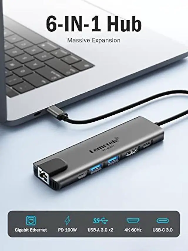 Alt view image 2 of 5 - Lemorele USB-C Hub 6-in-1 with 4K@60Hz HDMI, Gigabit Ethernet,100W Power Delivery, USB-C and 2 USB-A 5 Gbps Data Ports for MacBook Air/Pro, Dell, Hp, XPS, and More