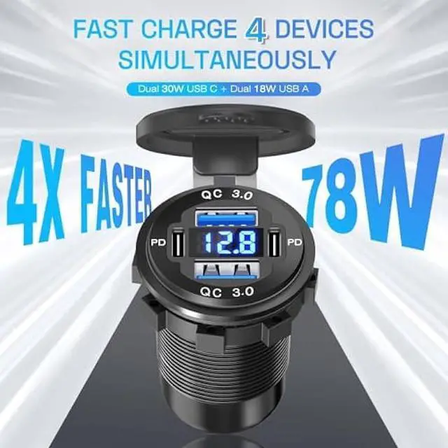 Alt view image 3 of 6 - 2Pcs 12V/24V Outlet with Voltmeter& ON/Off Switch, Quick Charge 3.0 Dual USB Power Outlet, Waterproof Fast Charge USB Charger Socket DIY Kit for Car Boat Marine (2 Pack)
