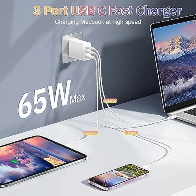 Alt view image 3 of 7 - iSeekerkit 65W USB C Charger Block, 3 Ports Fast Charging Block 2-USB-C+USB-A Wall Plug, GaN PD/PPS Charging Station for MacBook, iPad Pro, iPhone 16/15 Series, Galaxy S25/24, Piexl 7