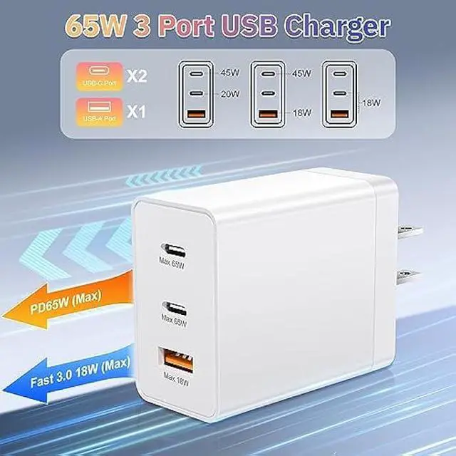 Alt view image 4 of 7 - iSeekerkit 65W USB C Charger Block, 3 Ports Fast Charging Block 2-USB-C+USB-A Wall Plug, GaN PD/PPS Charging Station for MacBook, iPad Pro, iPhone 16/15 Series, Galaxy S25/24, Piexl 7