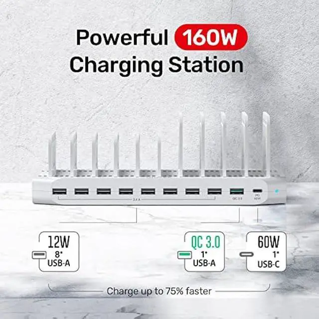 Alt view image 2 of 5 - USB C PD 60W Charging Station with QC 3.0, Unitek 160W 10-Port USB Quick Charger Dock, Power Delivery Compatible with Laptop MacBook, Pixel, Upgraded Dividers