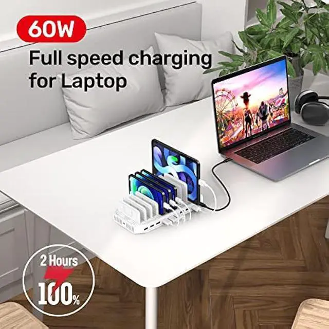 Alt view image 3 of 5 - USB C PD 60W Charging Station with QC 3.0, Unitek 160W 10-Port USB Quick Charger Dock, Power Delivery Compatible with Laptop MacBook, Pixel, Upgraded Dividers