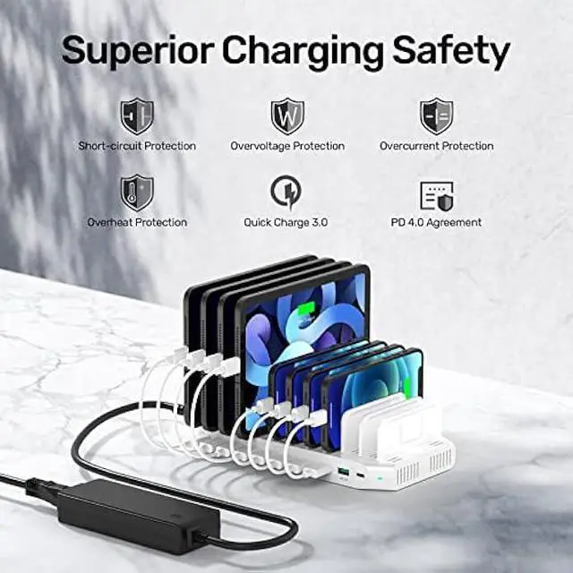 Alt view image 4 of 5 - USB C PD 60W Charging Station with QC 3.0, Unitek 160W 10-Port USB Quick Charger Dock, Power Delivery Compatible with Laptop MacBook, Pixel, Upgraded Dividers