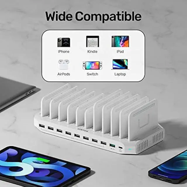 Alt view image 5 of 5 - USB C PD 60W Charging Station with QC 3.0, Unitek 160W 10-Port USB Quick Charger Dock, Power Delivery Compatible with Laptop MacBook, Pixel, Upgraded Dividers