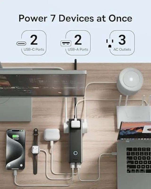 Alt view image 3 of 5 - Baseus Power Strip Surge Protector 1200J - PD100W USB C Charger Extension Cord with 3 AC Outlets & 3 USB Port Fast Charging Charging Station for Office Dorm Room Home