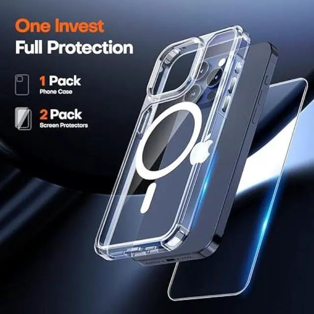 Alt view image 3 of 5 - TAURI for iPhone 15 Pro Max Case, Compatible with MagSafe, [3 in 1] 1X Clear Case [Not-Yellowing] with 2X Screen Protectors, Military-Grade Protection, Magnetic Case for iPhone 15 Pro Max, Clear