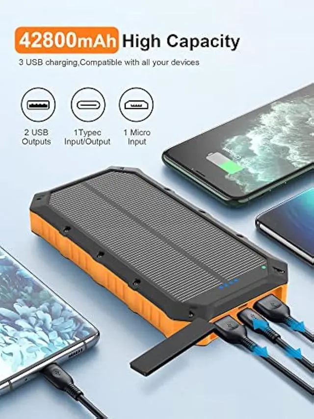 Alt view image 2 of 6 - Solar-Power-Bank-Portable-Charger-42800mAh Solar Phone Charger with 4 USB Ports/LED Flashlight Fast Charge USB C External Backup Battery Pack Compatible with iPhone Tablet, for Outdoor, Camping