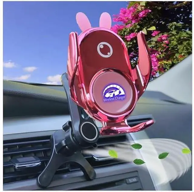 Main image of Car Phone Holder Mount Wireless Charging Auto Clamping Rotatable Vent Clip Cute Pink Rabbit Woman for iPhone Samsung Andriod Phone