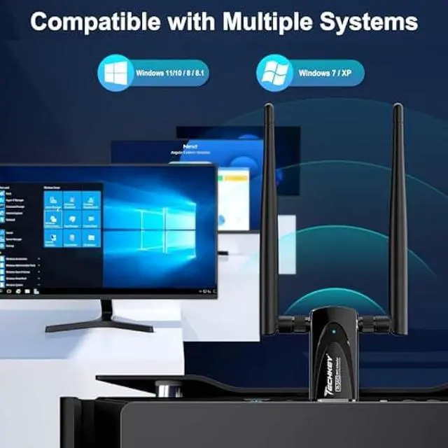 Alt view image 6 of 7 - Wireless USB WiFi Adapter for Desktop PC, Techkey AC1300Mbps Network Dongle with Dual Band 2.4GHz/400Mbps 5GHz/867Mbps 5dBi High Gain Antenna for Laptop Computer Compatible Windows 11/10/8.1/8/7