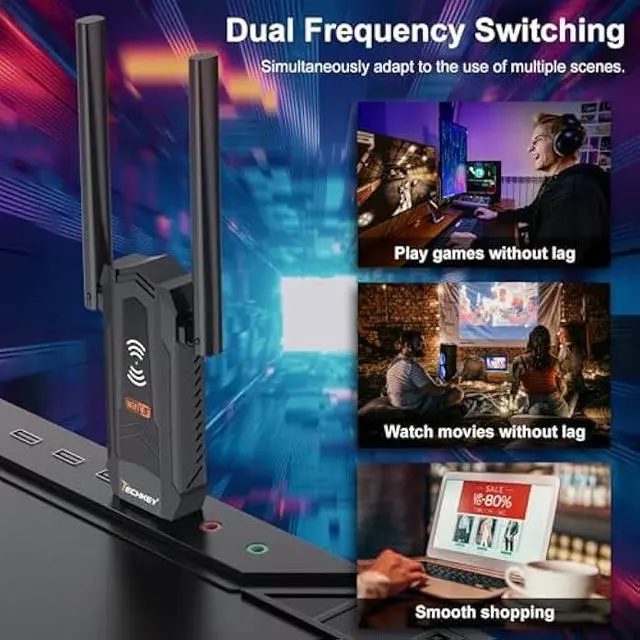 Alt view image 4 of 6 - USB WiFi Adapter AC1300Mbps for pc - Techkey Dual 5Dbi High Gain WiFi Wireless Antennas Dongle Network Adapter with 2.4GHz/400Mbps 5GHz/867Mbps for Desktop Laptop Windows 11/10/8.1/8