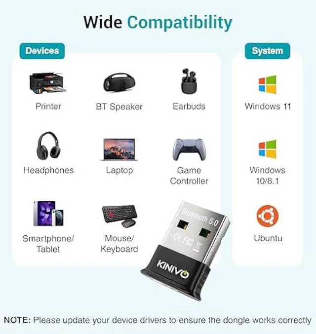 Alt view image 4 of 5 - Kinivo USB Bluetooth Adapter for PC (BT5.0, Plug & Play Wireless Dongle Receiver for Ubuntu, Windows 11/10/8.1)  Works with Laptops, Headsets, Speakers, Mouse, Keyboard, Printers, Gaming Controllers