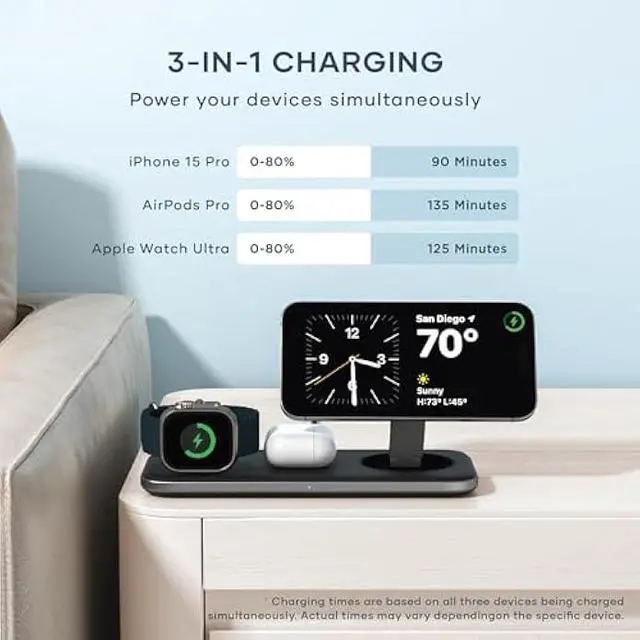 Alt view image 3 of 5 - Satechi Qi2 Trio Wireless Charging Pad, 3 in 1 Wireless Charging Station, Qi2 15W Fast Charger for iPhone 17/16/15/14/13/12, 5W for AirPods and 5W for Apple Watch